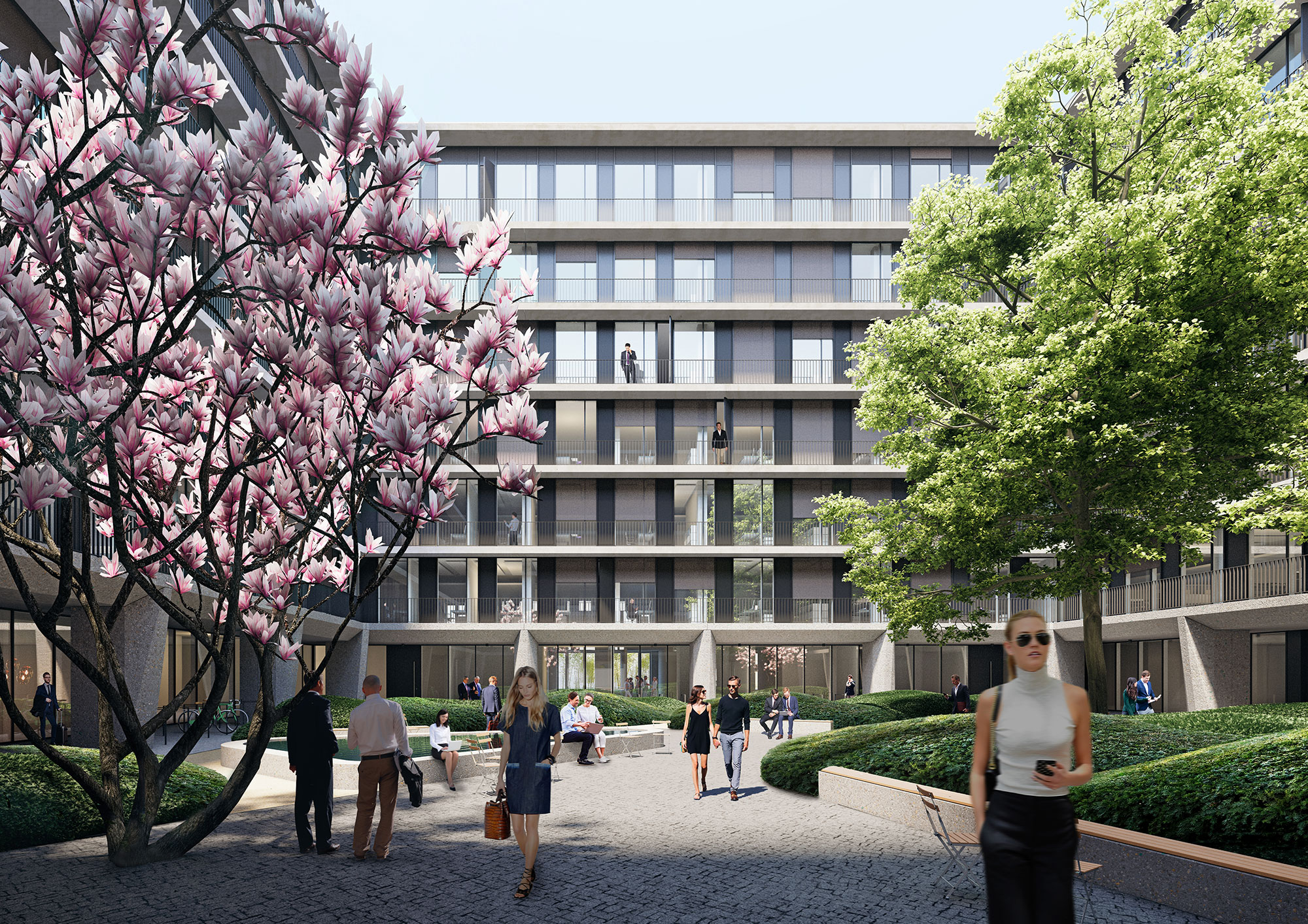 The garden courtyard designed by Enzo Enea becomes KARL's "village square"
